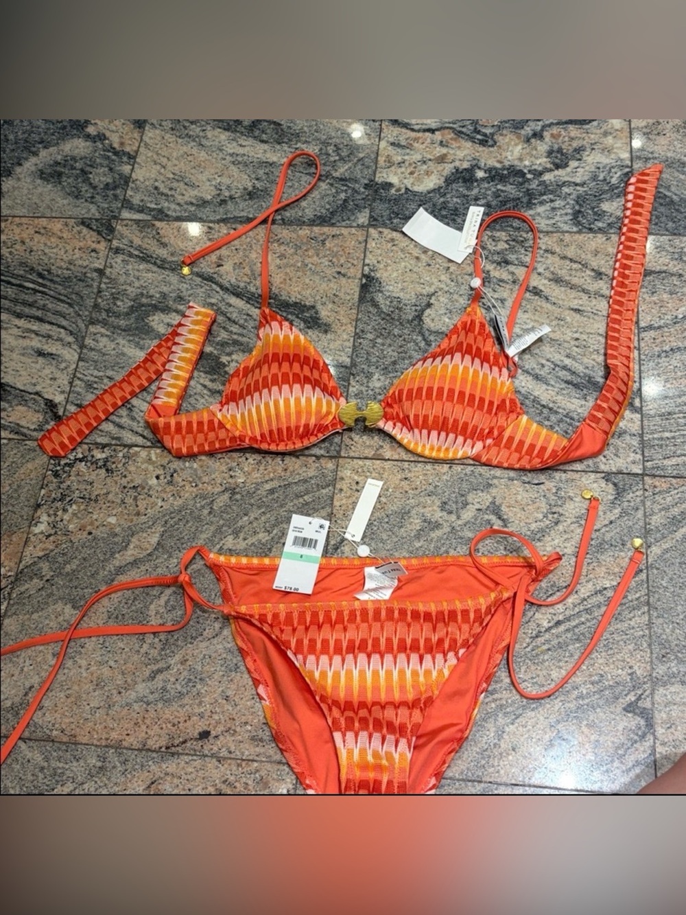 Trina Turk NWT Orange Crochet Bikini Set Size 8 Halter Top Tie Side Bottom